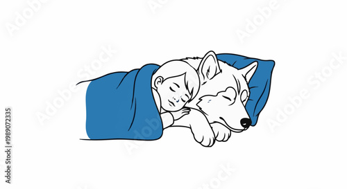 A child and a dog sleep together peacefully under a blue blanket