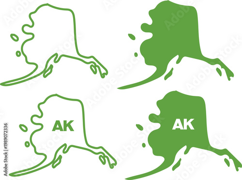 Green Alaska state map silhouette set with AK abbreviation isolated on white. Minimal thin line web icon set, Outline icons collection.