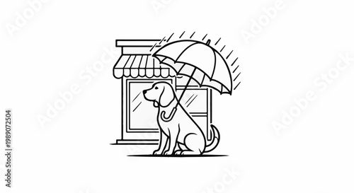 A dog sits under an umbrella in front of a storefront during a downpour