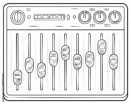 Monochrome line art drawing of a sound mixer console featuring multiple faders and control knobs for audio adjustment