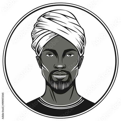 Monochrome Portrait of a Person Wearing Turban in a Circle Frame, Vector Image, Diverse Man, Black and White