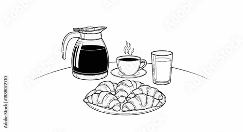 A delightful breakfast spread with a coffee pot, steaming cup, and croissants