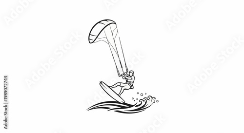 A dynamic line art illustration of a kitesurfer gliding on a wave