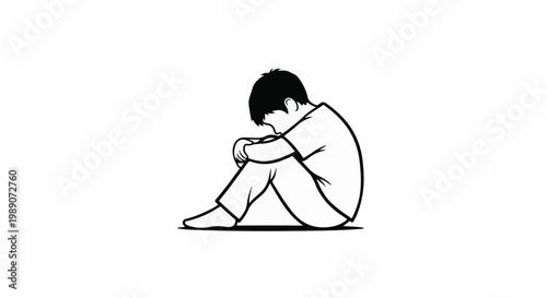 A drawn figure of a person sitting huddled with their knees to their chest