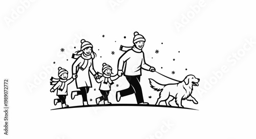 A family and their dog enjoying a snowy walk together