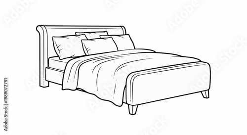 A clean line drawing of a plush bed with pillows and draped covers