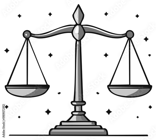 Scales of justice illustration, legal symbol, equilibrium, balance, and fairness.