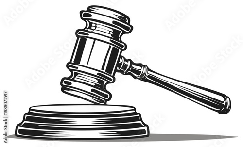 Illustrated Judge's Gavel, Wooden Hammer on a Sound Block, Black and White Graphic