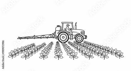 A farmer drives a tractor with spray arms across a field of crops