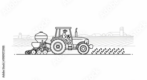 A farmer operates a tractor, planting seeds in a tilled field