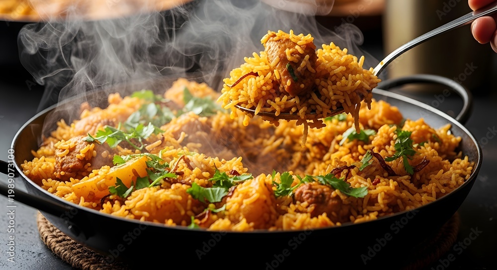 Fototapeta A steaming pan of freshly cooked chicken biryani with aromatic basmati rice, garnished with fresh cilantro and fried onions, closeup shot