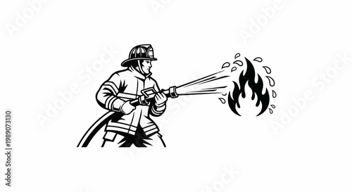 A firefighter aims a hose at a blazing fire, extinguishing flames with water