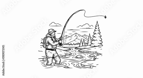 A fisherman casts his line into a winding river amidst a scenic mountain and forest backdrop