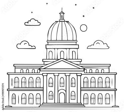 Government Building with Dome and Columns Line Drawing Style for Educational and Illustrative Purposes
