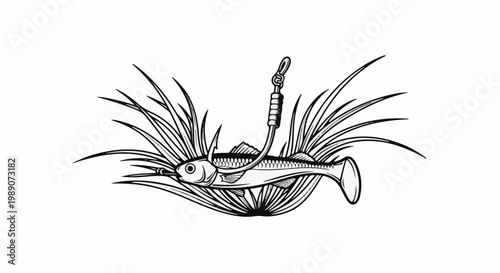 A fish is caught on a fishing hook surrounded by reeds