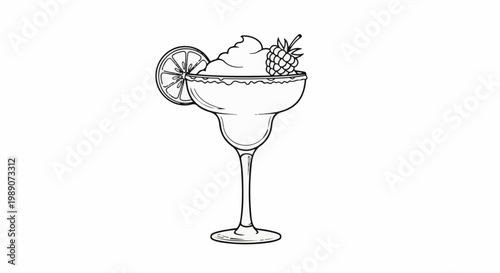 A frosted beverage with a lime wedge and raspberry garnish