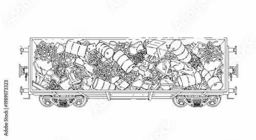 A freight train car filled with miscellaneous scrap metal and barrels
