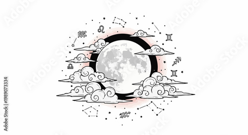 A full moon is surrounded by clouds and zodiac constellations against a black circle