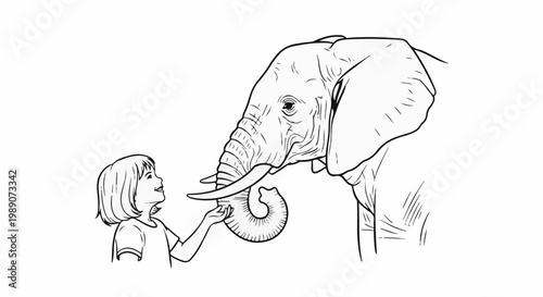 A gentle child extends a hand to touch an elephant's trunk