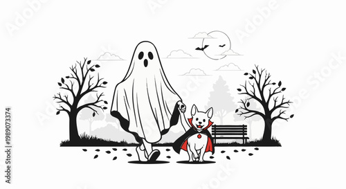A ghost and a dog dressed as a vampire take a walk in a park