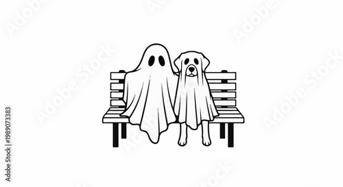 A ghost and a dog covered by sheets sit on a park bench