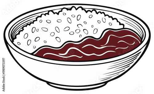 Illustration of rice and curry in a bowl simple and clean line art asian food dish cartoon