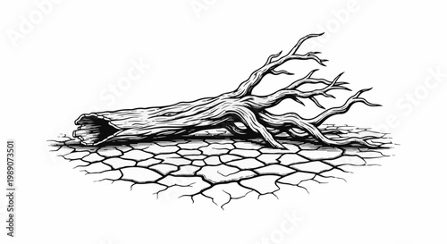 A gnarled, dead tree trunk lies on cracked, parched earth