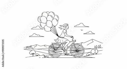 A girl rides a bicycle carrying balloons through a scenic landscape