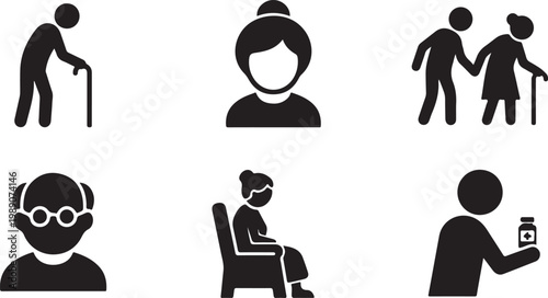 Elderly people icons during daily life activities Vector Silhouette Isolated on white background