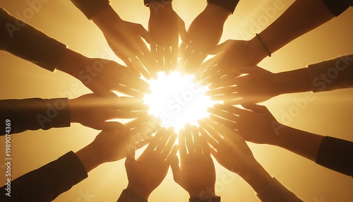 Diverse Hands Joined Together in Circle Around Bright Sun