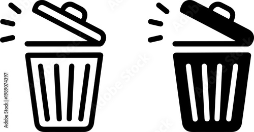 Two trash bins with lids open emitting particles to represent different types of waste disposal