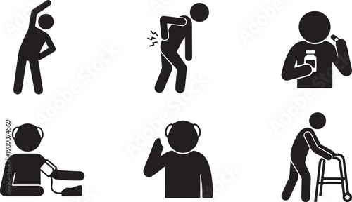 Senior health icons depicting exercise pain medication blood pressure and mobility aid Vector Silhouette Isolated on white background