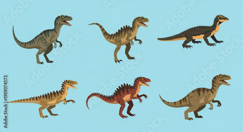 Collection of Six Different Dinosaur Illustrations on Blue Background.