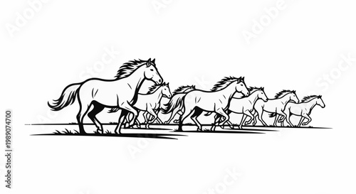 A herd of horses gallops across a barren landscape, depicted in black and white