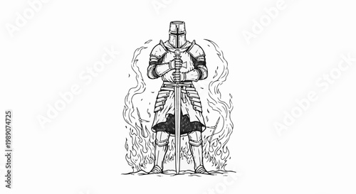 A heavily armored knight stands holding a sword, surrounded by flames