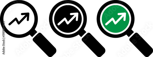 Three magnifying glasses examining upward trend graphs for analysis
