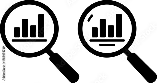 Two magnifying glasses inspecting bar charts with slight variations