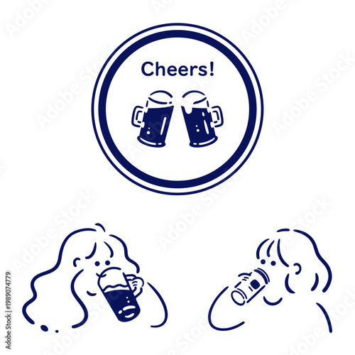 【SET】ビールアイコンとお酒を飲む女の子のイラストセット