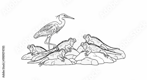 A heron stands among a group of iguanas basking on rocks