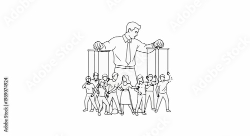A large figure controls a group of smaller figures with strings like a puppet master