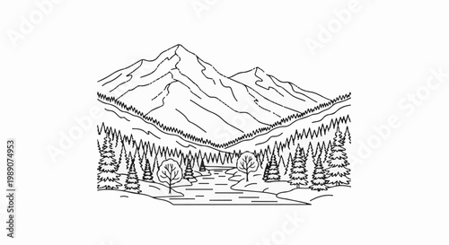 A minimalist black and white line drawing of a mountainous landscape with a winding river