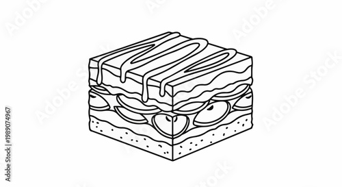 A layered dessert, possibly cake or pastry, with visible fruit slices and icing