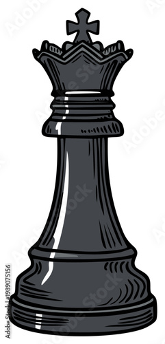 Black chess king piece illustration, isolated on white background. Chess game concept.