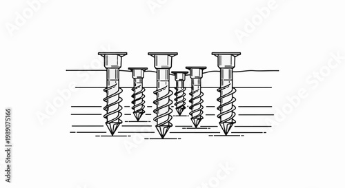 A line art illustration of seven screws of varying sizes and lengths