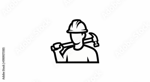 A minimalist illustration of a construction worker with a hammer over his shoulder