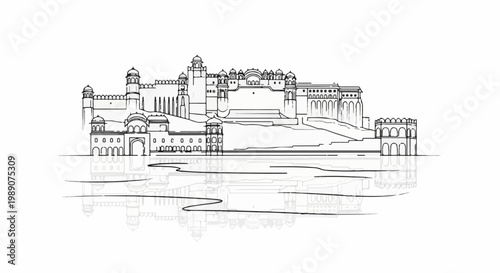 A line drawing depicts a grand fort complex reflected in still water
