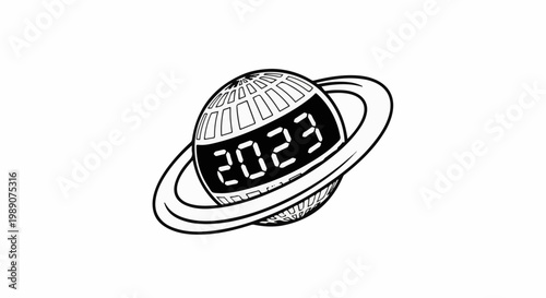 A planet with rings displays the year 2023 on its surface
