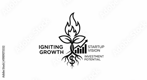 A plant with roots forming a dollar sign, flames above, igniting growth, investment potential