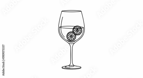 A minimalist line drawing depicts a stemmed wine glass filled with liquid and garnished with citrus slices