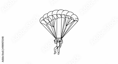 A line drawing depicts a person descending under a fully deployed parachute
